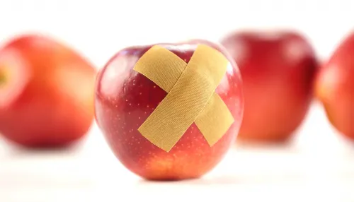 Roter Apfel mit einem Pflaster
