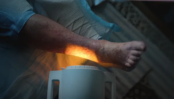 Anwendung der Lichttherapie zur Unterstützung der Heilung eines Geschwürs am Vorderbein