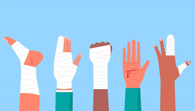Illustrationen von verschiedenen bandagierten Arm und Bein Verletzungen.