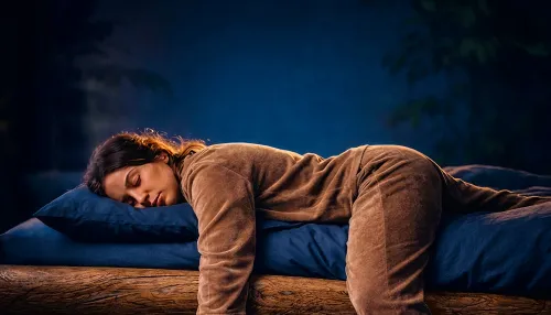 Frau schlafend auf einem Bett. Ein Arm und ein Bein hängen von der Bettkante.