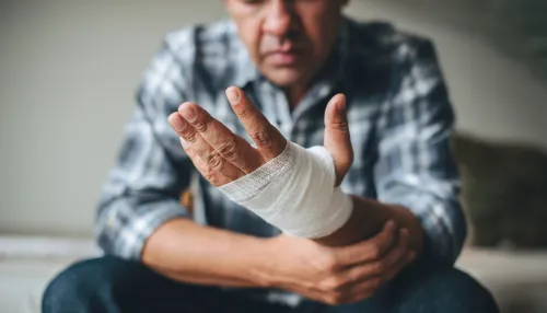 Mann mit einer Mullbinde um die Hand gewickelt