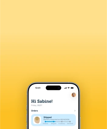 iPhone with fabel App showing the dashboard with a delivery status