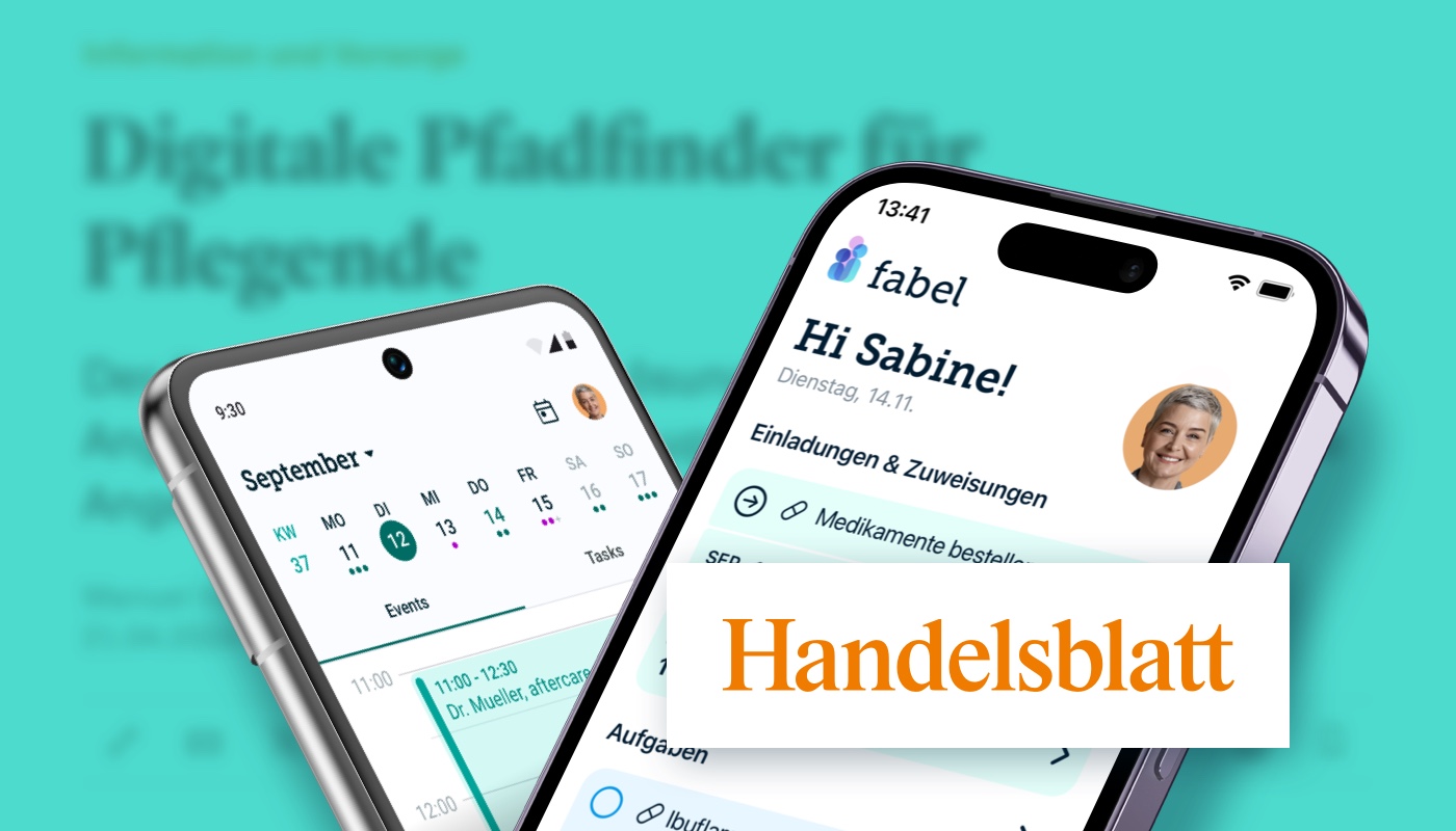 Image of the Android and iOS fabel App and the Handelsblatt Logo on a green background